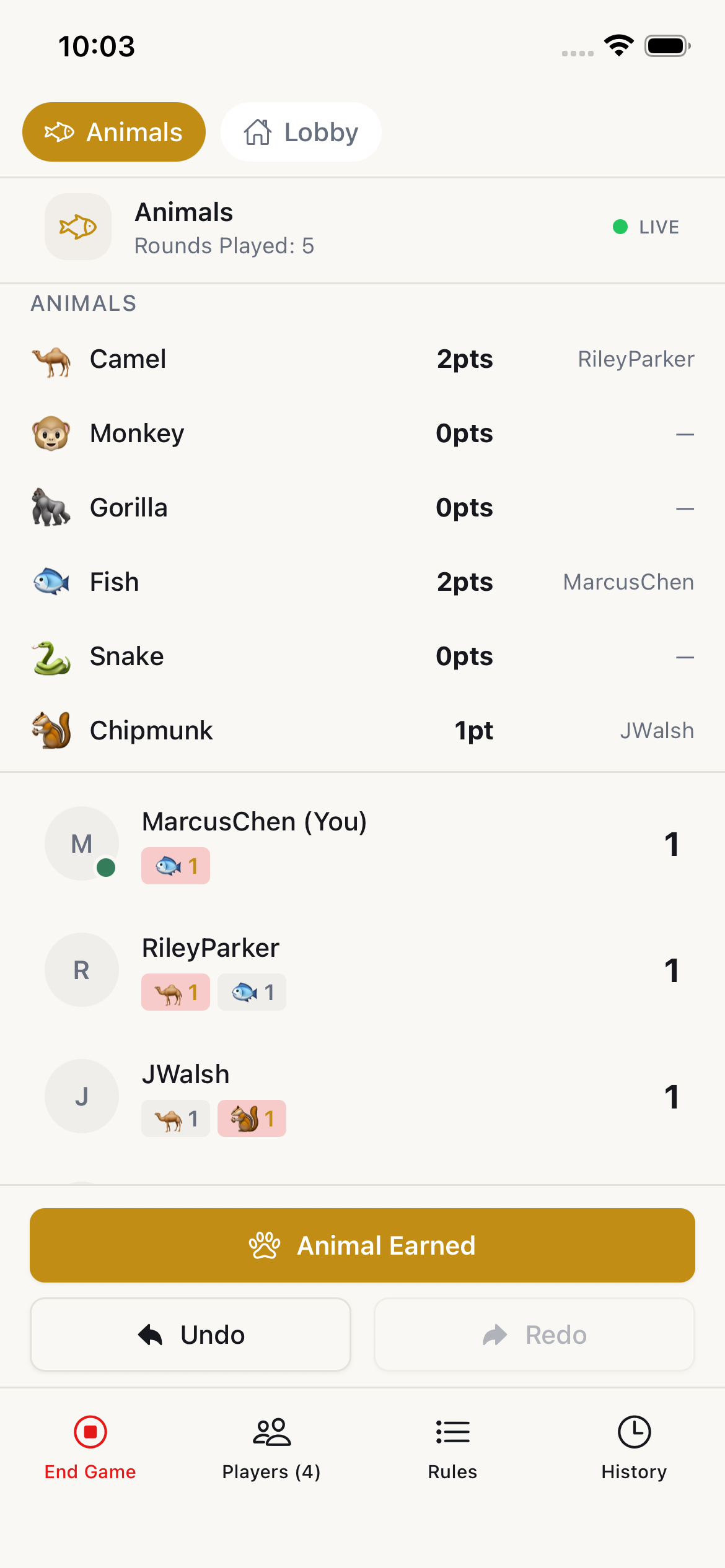 Animals gameplay screen in The 19th iOS app