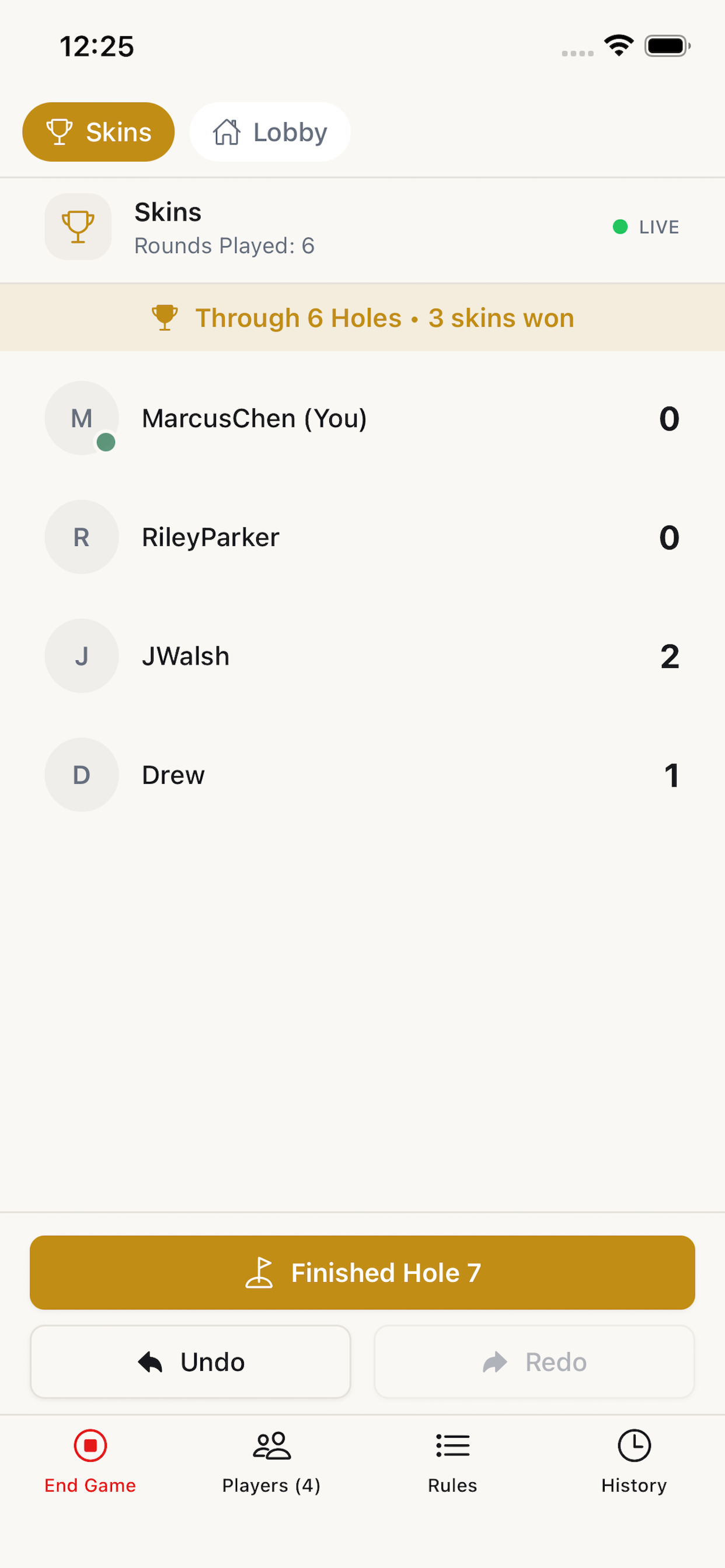 Skins gameplay screen in The 19th iOS app